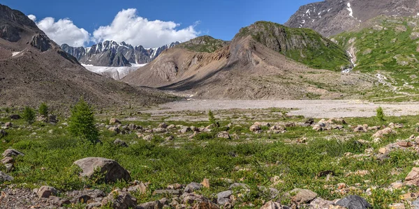 Fantastiska Panorama Med Vacker Glaciär Bergen Grön Dal Med Flod — Stockfoto