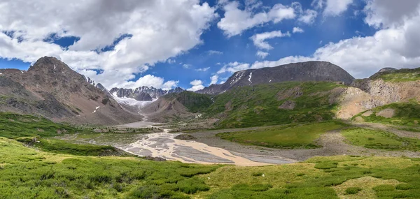 Amazing Panorama Beautiful Glacier Mountains Green Valley River Bush Stones — Stock Photo, Image