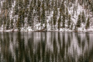 Natura arka plan yeşil çam ağaçları ve beyaz kar dağ ve su yansımaları Gölü nün yamacında
