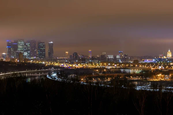 Colorful Panorama Night City Moscow High Rise Buildings Illuminations Fog — Stock Photo, Image