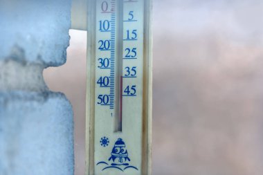 Evin duvarına açık termometre Frost sıfırın altında 35 dereceye çok düşük sıcaklık kışın gösterir. Pencere camdan ateş.