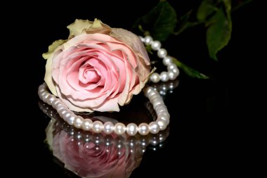 Narin pembe Gül, beyaz inci ve cam siyah bir zemin üzerine yansımaları closeup