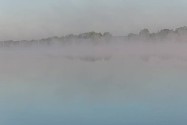 göl şafak sis ağaçları yansıması