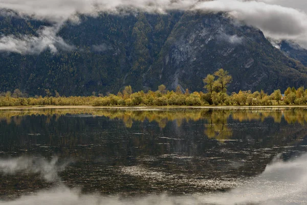 Amazing Autumn View Fluffy Clouds Fog Trees Lake Mountains Rain — Stock Photo, Image