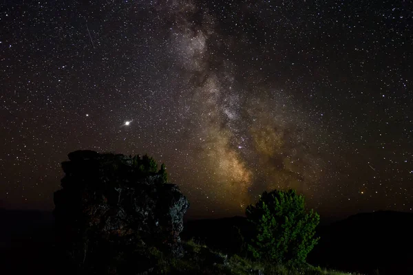 星空的夜空全景 以银河 星云和雪松为代表的银河在山中的前景 — 图库照片