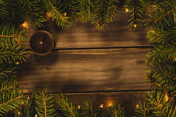 Fond Noël Avec Branches Sapin Lumières Bougie Vue Dessus Espace — Photo