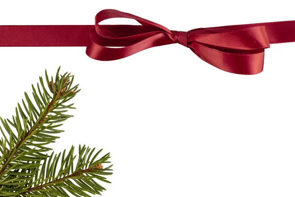 Red Ribbon Bow Fir Tree Isolated White Background — Stock Photo, Image