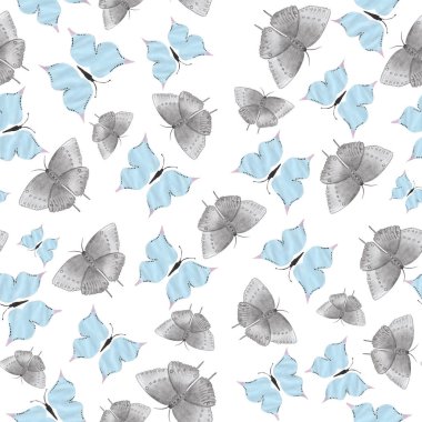 İzole edilmiş kelebeklerle kusursuz desen, mavi ve gri kelebekler deseni