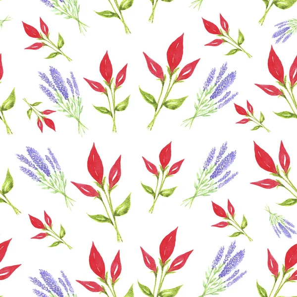 Seamless pattern with red and purple flowers, floral pattern, watercolor flowers
