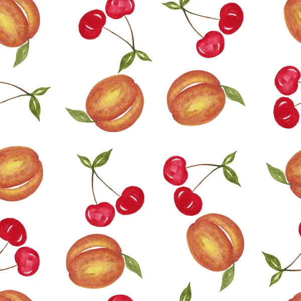 Aquarelle Motif Cerise Pêche Isolé Sur Fond Blanc Modèle Fruits — Photo