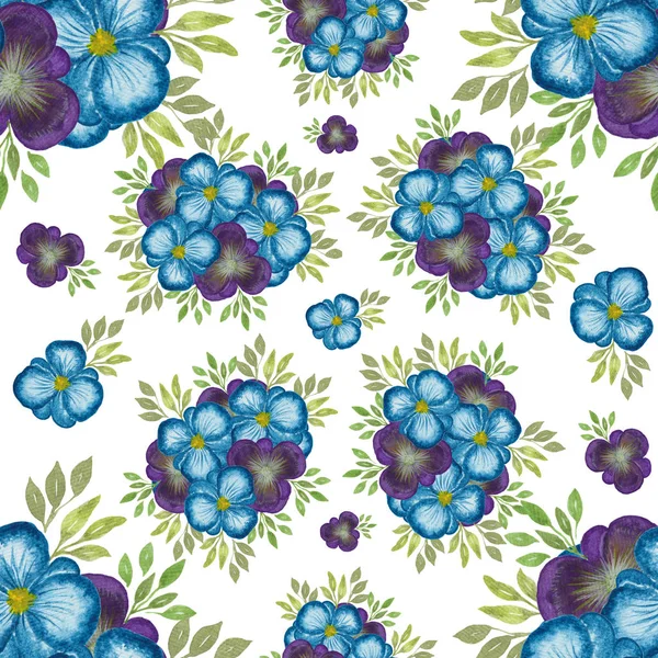 Nahtlose Wiederholung Muster Mit Stiefmütterchen Blumenstrauß Aquarell Blumenschmuck Mit Blauen — Stockfoto