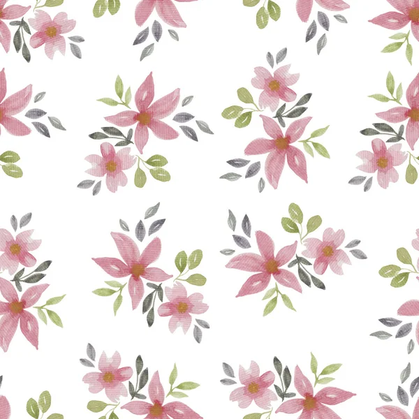 Seamless Repeat Pattern Pink Flowers Isolated White Floral Decoration Watercolor — Stock Photo, Image