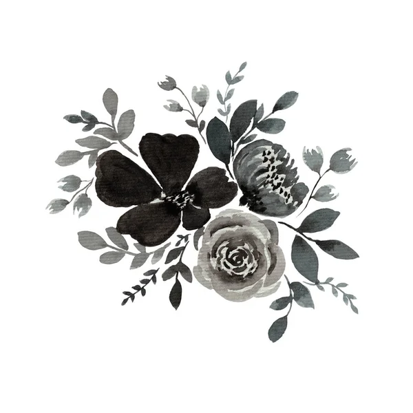 水彩画 单克隆花花束 花插图 灰色花 芽和叶 植物构图 — 图库照片
