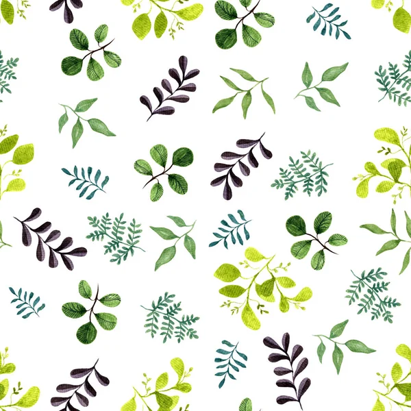 Seamless Repeat Pattern Watercolor Leaves Isolated White Botanical Composition Green — Stock Photo, Image