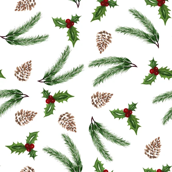 suluboya noeller, köknar ağacı, çoban üzümü ve çam kozalağı ile kusursuz tekrar desenleri, beyaz üzerine izole edilmiş tasarım elementleri ile noel resimleri. 