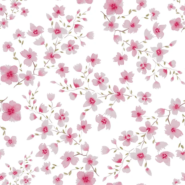 Aquarell Nahtlos Wiederholen Muster Mit Kirschblütenbaum Isoliert Auf Weiß Florale — Stockfoto