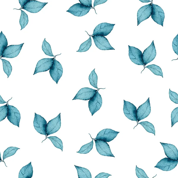 Απρόσκοπτη Ακουαρέλα Floral Μοτίβο Μπλε Φύλλα Και Κλαδιά Λευκό Φόντο — Φωτογραφία Αρχείου