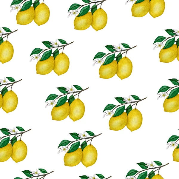 Limões Amarelos Brilhantes Padrão Sem Emenda Ramo Decoração Fruta Aquarela — Fotografia de Stock