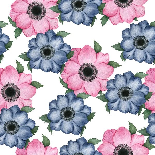 Patrón Floral Sin Costuras Con Flores Anémonas Color Rosa Azul —  Fotos de Stock