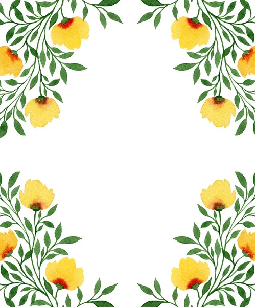 野性的黄色花朵和绿色的枝干框架 伟大的春天花框装饰卡片 植物图解 — 图库照片