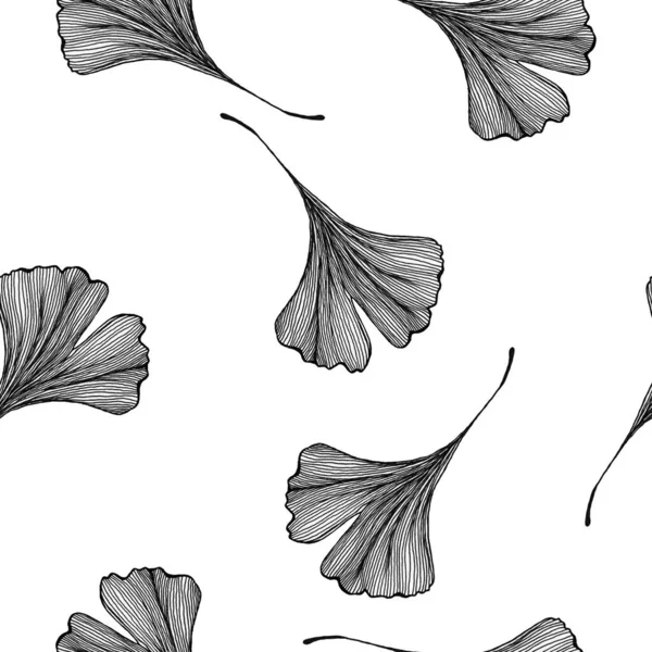 Fondo Inconsútil Monocromo Ginkgo Biloba Ilustración Arte Línea Dibujada Mano — Foto de Stock