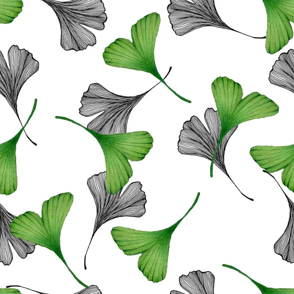 Ginkgo Nahtloses Design Handgezeichnete Linienkunst Und Aquarell Illustration Mit Ginkgo — Stockfoto