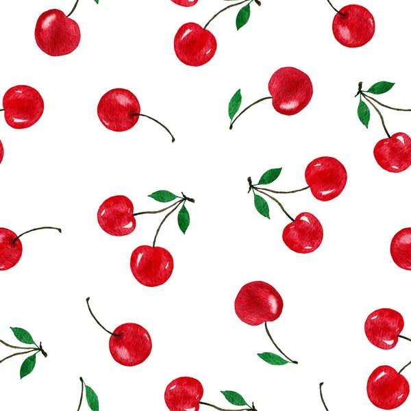 Kirsche Nahtlose Muster Aquarell Lebensmittel Illustration Mit Handbemalten Roten Kirschen — Stockfoto
