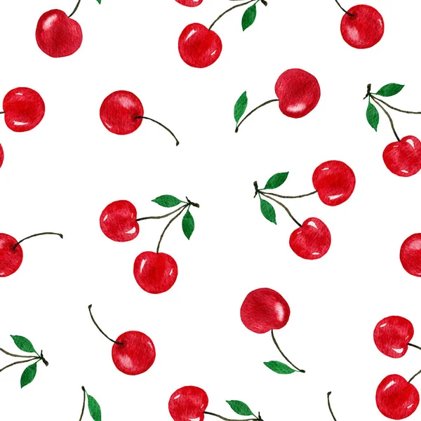 Patrón Sin Costuras Cereza Ilustración Alimentos Acuarela Con Cerezas Rojas — Foto de Stock