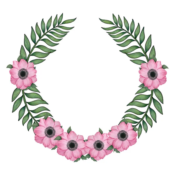 Corona Floral Verano Con Flores Color Rosa Hojas Palma Diseño —  Fotos de Stock
