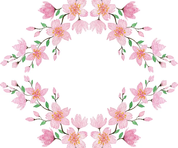 Springtime Cherry Blossom Wreath Watercolor Sakura Blossom Frame Design Greetings — Stock Photo, Image
