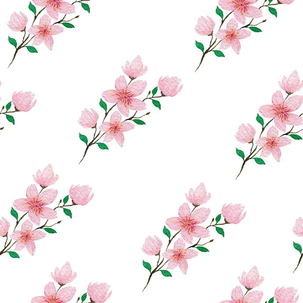 Cherry Blossom Branch Seamless Pattern Watercolor Sakura Blooms Illustration Fabric — Stock Photo, Image