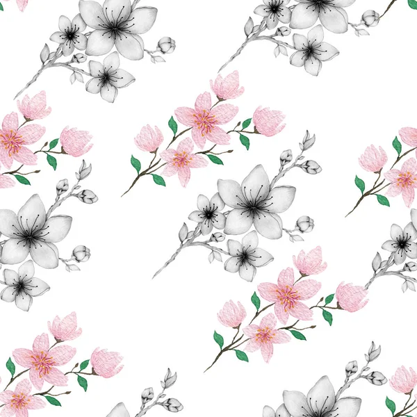 Springtime Cherry Blossom Branches Seamless Pattern Hand Drawn Floral Illustration — Stock Photo, Image