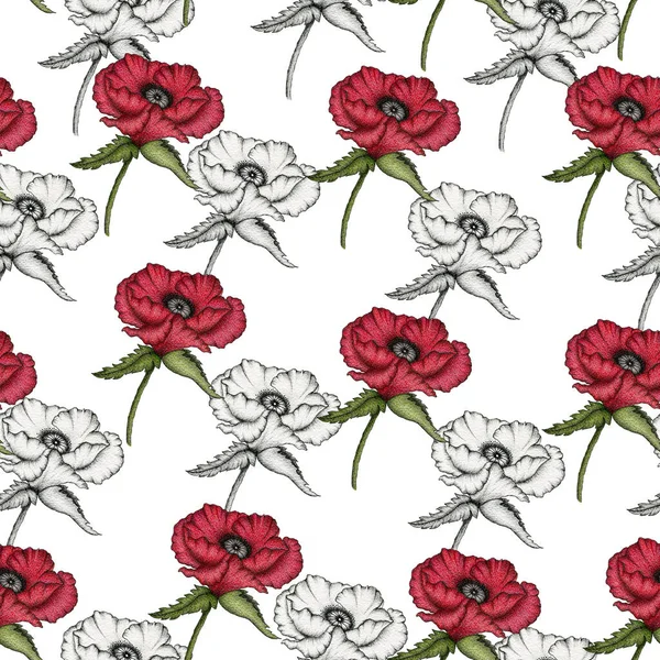 Цветок Мака Бесшовный Фон Монохромный Красный Мак Цветочный Дизайн Обоев — стоковое фото