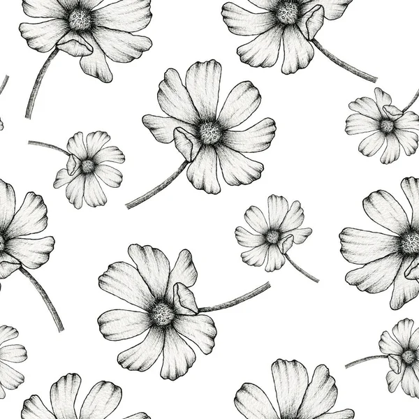 Vintage Wildflowers Seamless Pattern Hand Drawn Ink Floral Illustration Monochrome — Stock Photo, Image