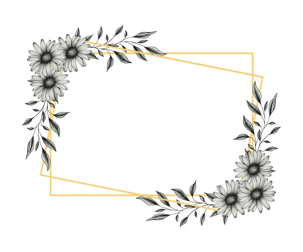 Gouden Frame Met Madeliefjes Bloemen Bladeren Grafische Bloemenillustratie Met Zwart — Stockfoto