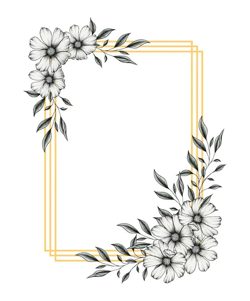 vintage golden frame with cosmos flowers and leaves, elegant graphic floral illustration with black and white inked cosmos flowers and leaf branches for weddings or greetings