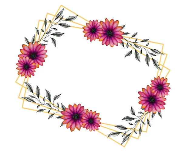 金黄色的框架 粉红色的菊花和叶子 图案花卉插画 用黑白相间的叶枝和水色的雏菊作婚礼或问候语 — 图库照片