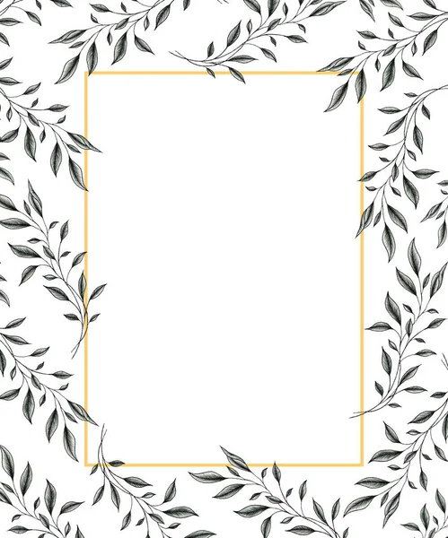 golden frame with vintage leaf drawing, ink  hand drawn botanical frame design for cards, wedding invites or greeting cards, black floral sketch decoration