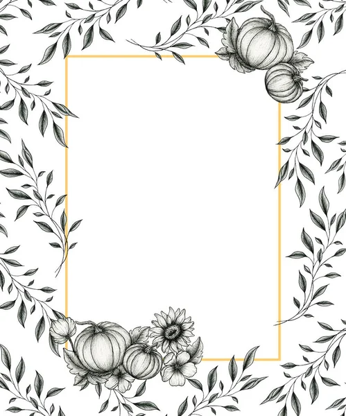 古色古香的秋天卡片模板 用于保存日期 婚宴请柬或贺卡 金框与南瓜和叶子手绘装饰 黑白相间的秋天框架 — 图库照片