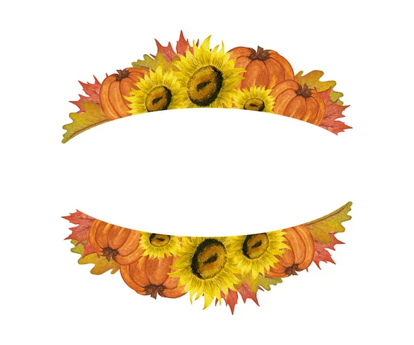 Akvarel Podzimní Prapor Dýní Slunečnicemi Díkůvzdání Květinová Výzdoba Jasných Pulzujících — Stock fotografie
