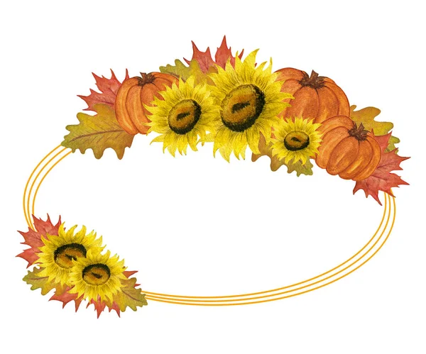 Dýně Slunečnice Slavnostní Podzimní Květinový Rám Akvarel Podzim Ilustrace Jasných — Stock fotografie