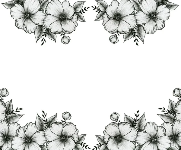 Vintage Floral Frame Background Εικονογράφηση Ζωγραφισμένη Στο Χέρι Μονόχρωμα Λουλούδια — Φωτογραφία Αρχείου