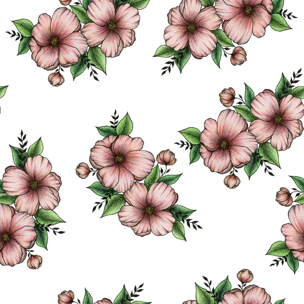 Sömlös Blommönster Med Rosa Persika Blomma Bukett Vår Och Sommar — Stockfoto