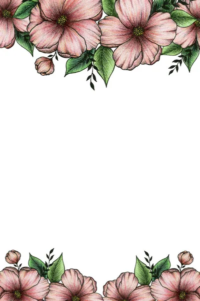cute pink peachy floral frame, hand drawn floral frame design for cards, wedding, invitations, botanical illustration and mothers day floral arrangement
