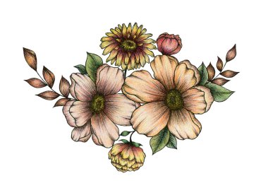 Sonbahar çiçek buketi beyaza izole edilmiş, sonbahar renklerinde elle çizilmiş çiçekler, güzel botanik tasarım süslemeleri.