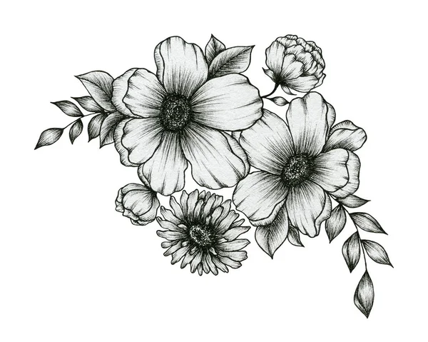 手绘花卉花束 黑色和白色油墨 花卉图案 花朵和叶子 老式花卉秋季装饰 黑色花卉素描 — 图库照片