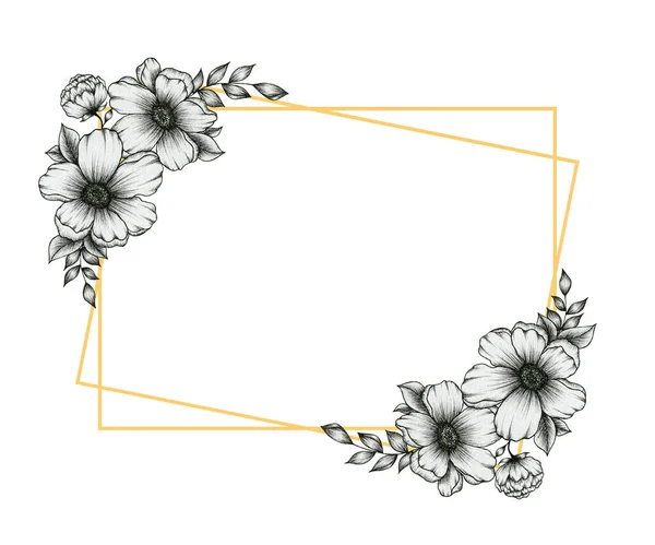 Festlich Goldener Rahmen Mit Schwarz Weißen Blumenstraußdekorationen Herbstliches Design Für — Stockfoto