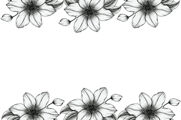 手描きクレマチスの花とヴィンテージ黒の花のフレーム 結婚式の招待状 母の日やお祝いのための黒インクの花のフレームデザイン — ストック写真