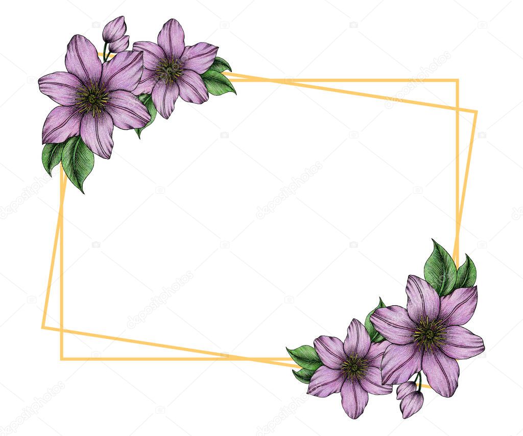 festive golden frame with purple clematis flowers, beautiful floral frame template for wedding, invitation or mothers day celebration