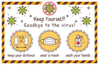 Coronavirus Çocuk Bilgi Posteri. Salgın Coronavirus COVID-19. Elini yıka. Mesafeni koru. Maske tak. Özet Renklendirme Sayfa Vektörü İllüstrasyonu.